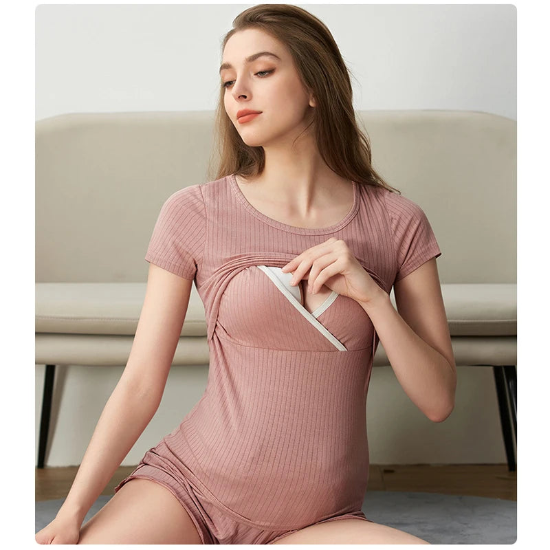 Maternity Summer Soft 95% Cotton Pyjamas with lift up Breastfeeding Nursing Sleepwear Lactation Clothes pijama maternidade