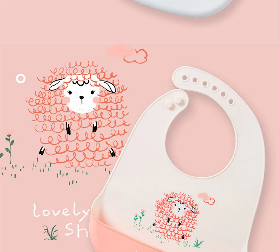 2021 Cute Baby Bibs Waterproof Silicone Bib Feeding Infant Newborn Cartoon Apron ToddlerX Adjustable Bib Burp Cloths with Pocket