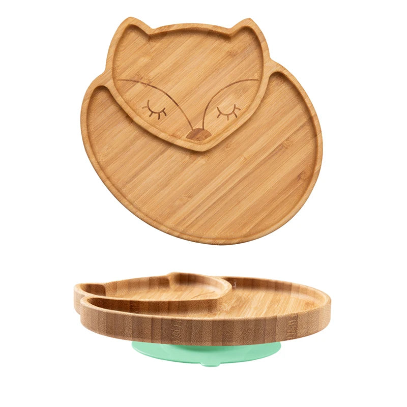 Bamboo Wooden Baby Dinner Plate With Suction Elephant Cartoon Animals For Feeding