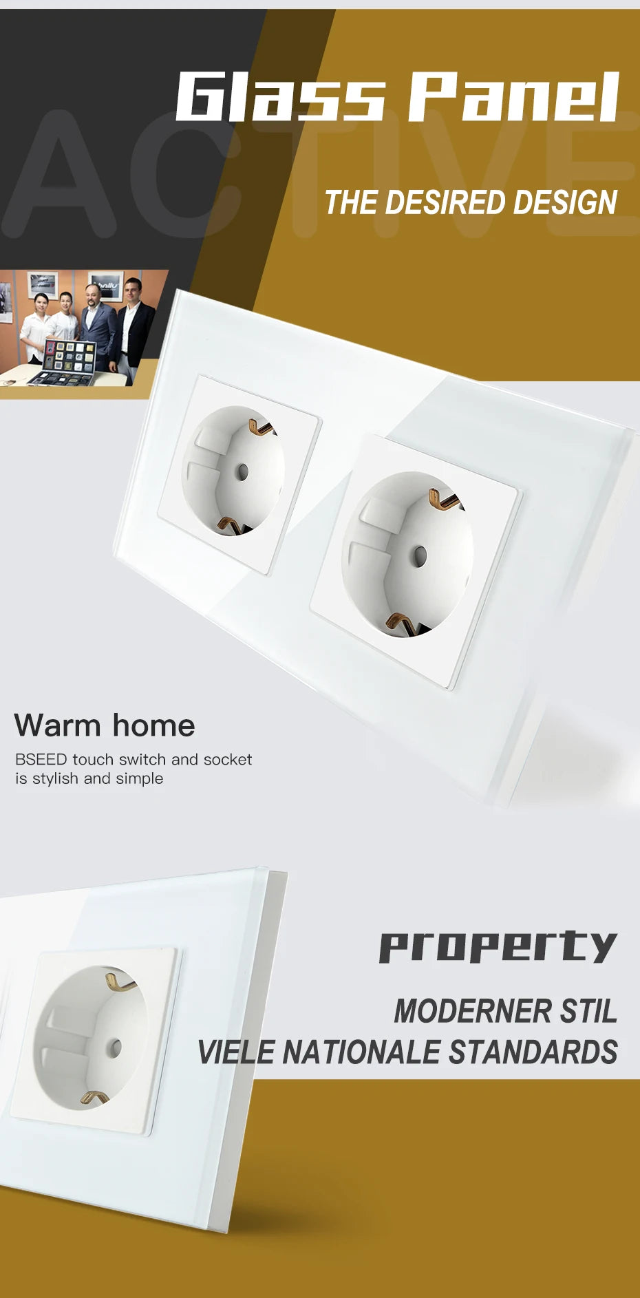 BSEED Double Socket EU Socket EU Standard Wall Socket 3 Colors White Black Gloden Crystal Glass Panel 16A 110V-240V