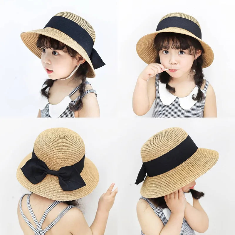 Spring Summer Mother Daughter Straw Plaited Bucket Hat Cap Beach Holiday Round Top Outdoor Bow Sunhat Kids Girls Hats and Caps