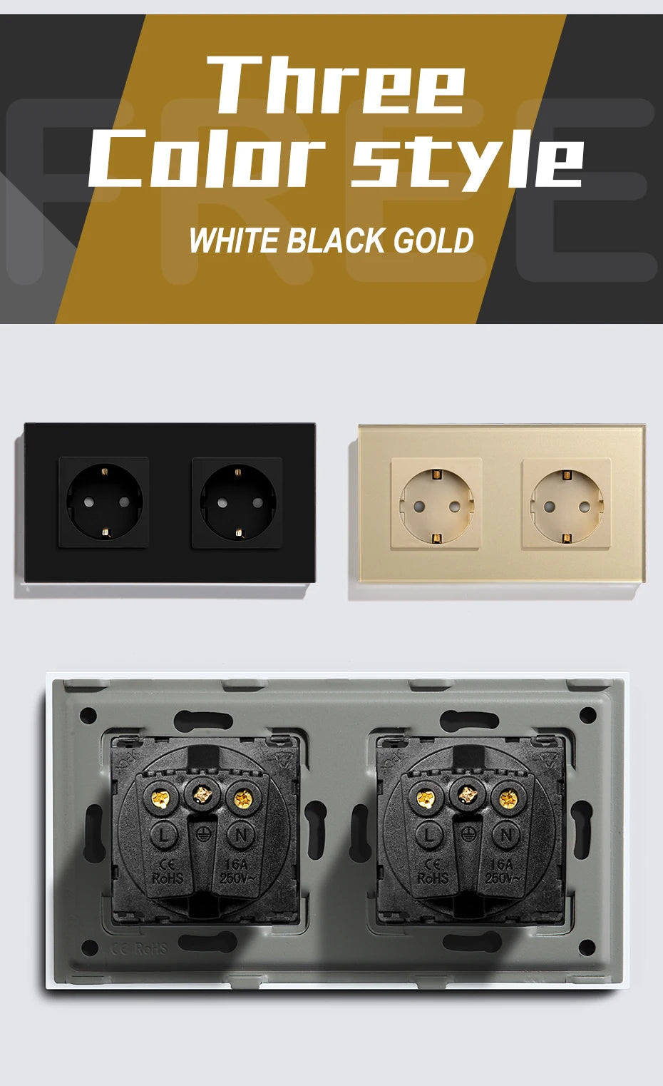 BSEED Double Socket EU Socket EU Standard Wall Socket 3 Colors White Black Gloden Crystal Glass Panel 16A 110V-240V