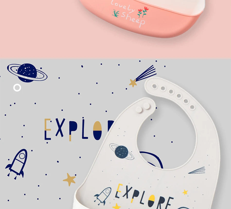2021 Cute Baby Bibs Waterproof Silicone Bib Feeding Infant Newborn Cartoon Apron ToddlerX Adjustable Bib Burp Cloths with Pocket
