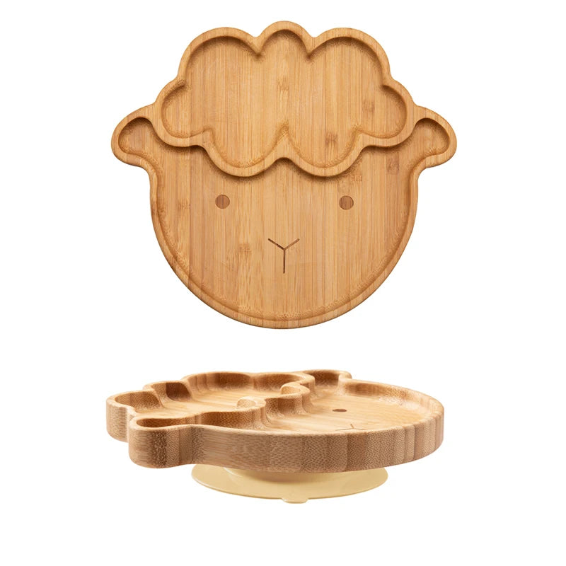 Bamboo Wooden Baby Dinner Plate With Suction Elephant Cartoon Animals For Feeding