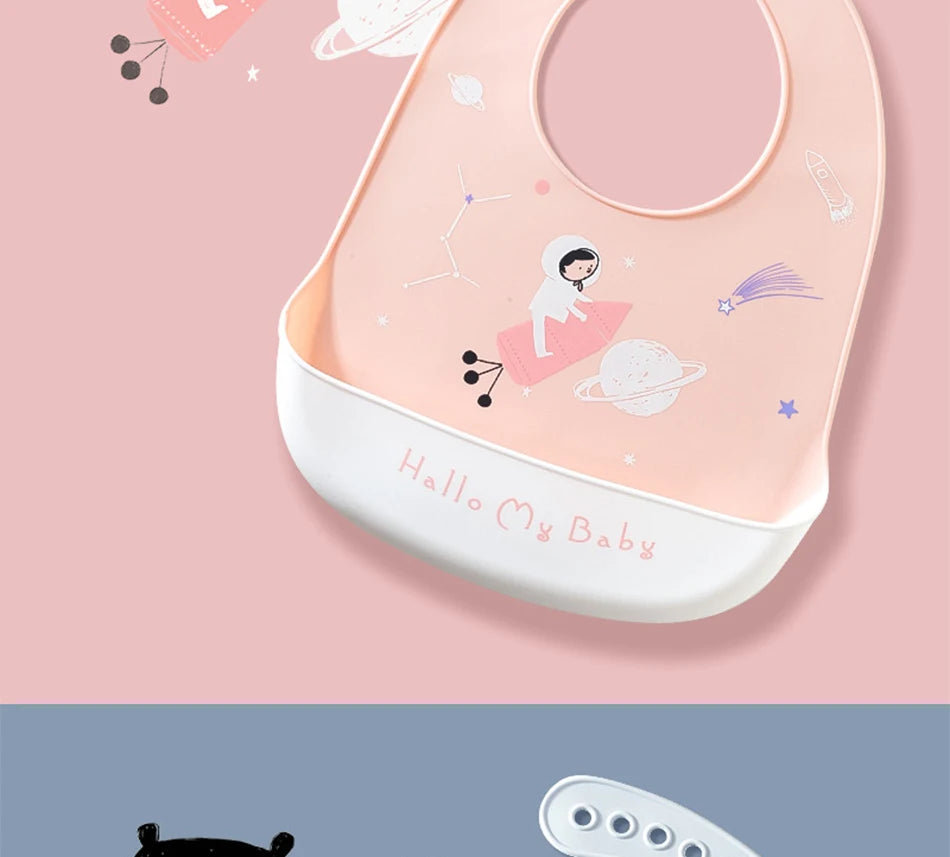 2021 Cute Baby Bibs Waterproof Silicone Bib Feeding Infant Newborn Cartoon Apron ToddlerX Adjustable Bib Burp Cloths with Pocket