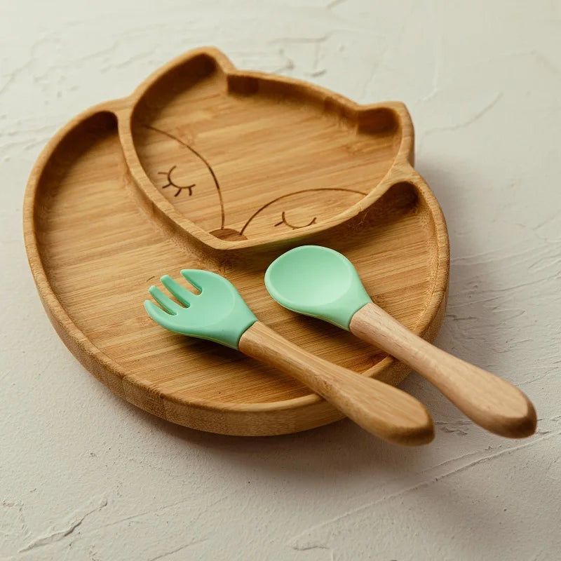 1PC Bamboo Wooden Dinnerware Baby Feeding Accessories Cartoon Animals Elephant Dinner Plate With Sucker Baby Products Gifts