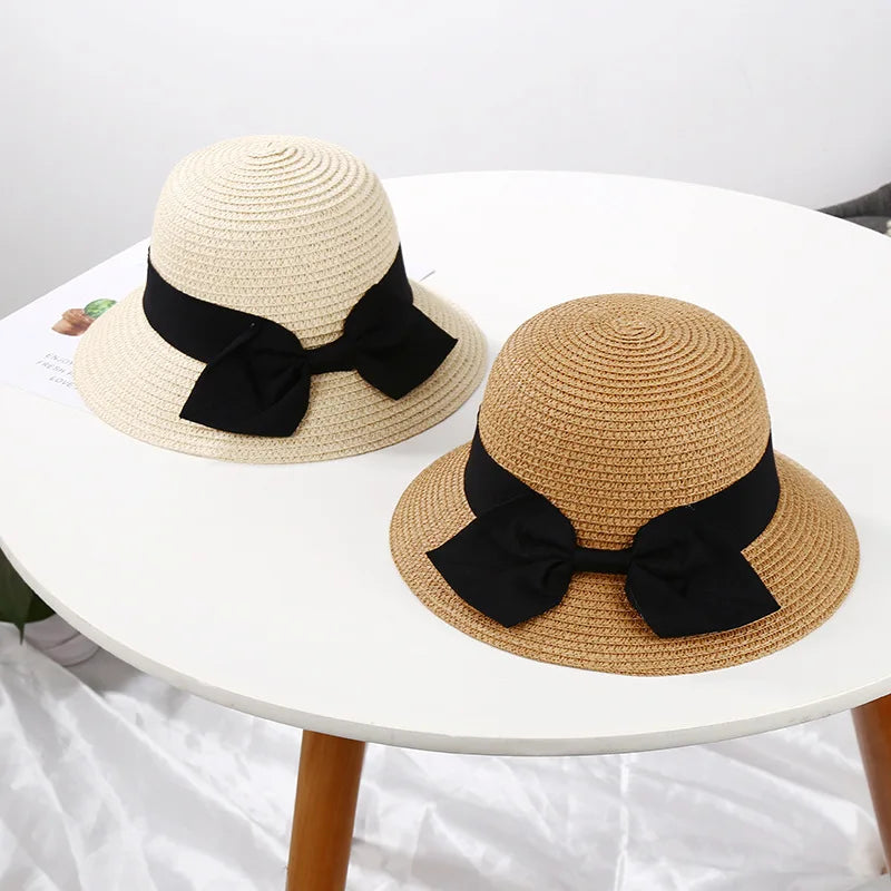 Spring Summer Mother Daughter Straw Plaited Bucket Hat Cap Beach Holiday Round Top Outdoor Bow Sunhat Kids Girls Hats and Caps