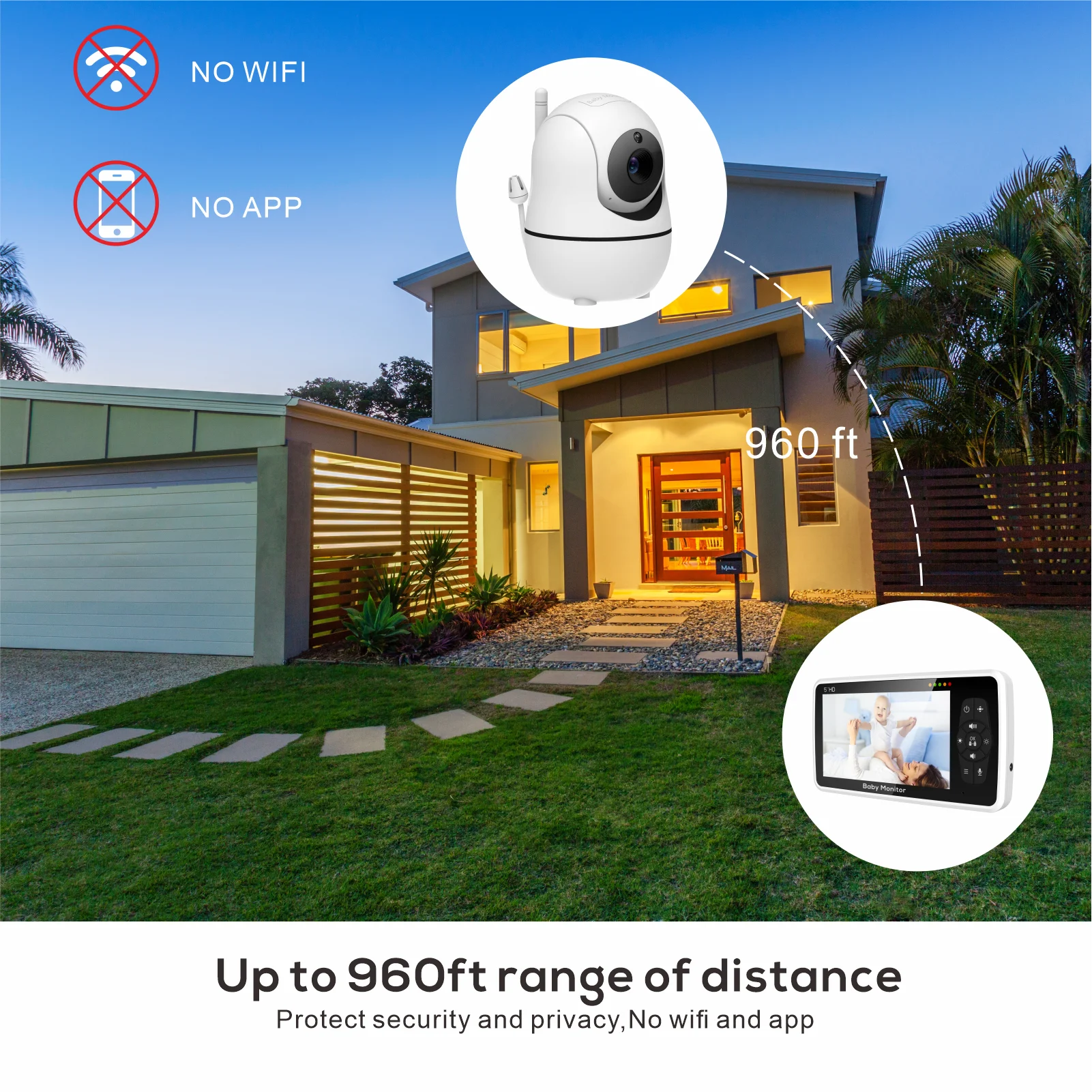 New 5 Inch Video Baby Monitor with Camera and Audio, 4X Zoom, 22Hrs Battery, 1000ft Range 2-Way  Temperature Sensor Lullaby