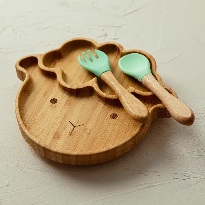 1PC Bamboo Wooden Dinnerware Baby Feeding Accessories Cartoon Animals Elephant Dinner Plate With Sucker Baby Products Gifts