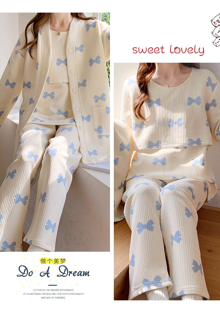 2025 Autumn Nursing Pajamas Korean Cotton Sexy 3pcs/set Maternity Sleepwear Postpartum Breastfeeding Pregnancy Nightwear