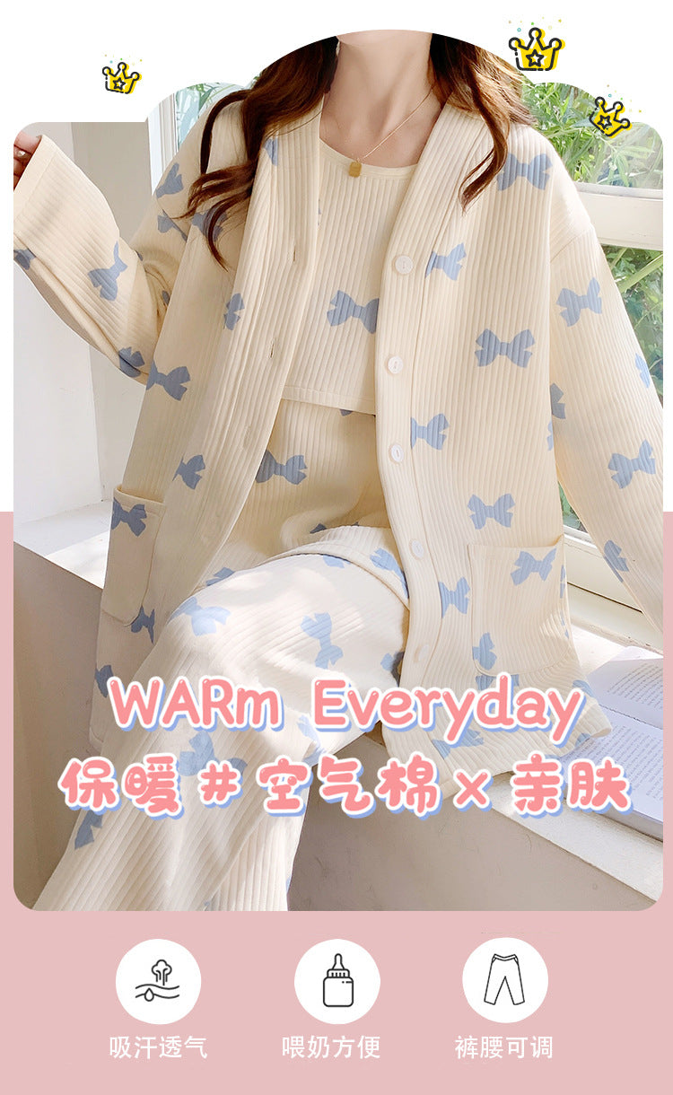 2025 Autumn Nursing Pajamas Korean Cotton Sexy 3pcs/set Maternity Sleepwear Postpartum Breastfeeding Pregnancy Nightwear