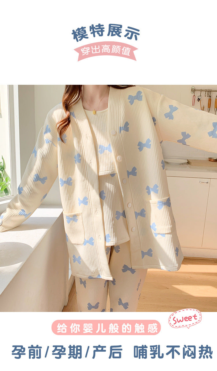 2025 Autumn Nursing Pajamas Korean Cotton Sexy 3pcs/set Maternity Sleepwear Postpartum Breastfeeding Pregnancy Nightwear