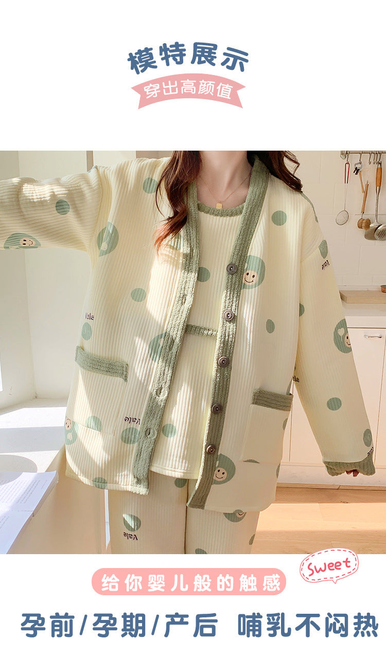 2025 Autumn Nursing Pajamas Korean Cotton Sexy 3pcs/set Maternity Sleepwear Postpartum Breastfeeding Pregnancy Nightwear