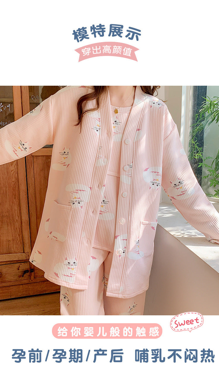 2025 Autumn Nursing Pajamas Korean Cotton Sexy 3pcs/set Maternity Sleepwear Postpartum Breastfeeding Pregnancy Nightwear