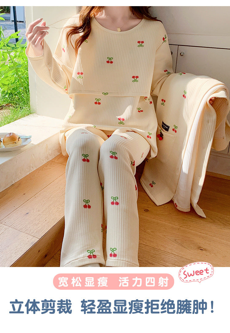 2025 Autumn Nursing Pajamas Korean Cotton Sexy 3pcs/set Maternity Sleepwear Postpartum Breastfeeding Pregnancy Nightwear