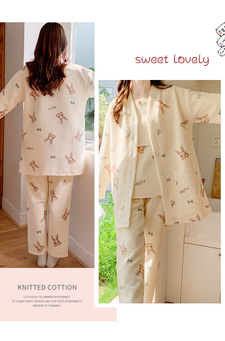 2025 Autumn Nursing Pajamas Korean Cotton Sexy 3pcs/set Maternity Sleepwear Postpartum Breastfeeding Pregnancy Nightwear
