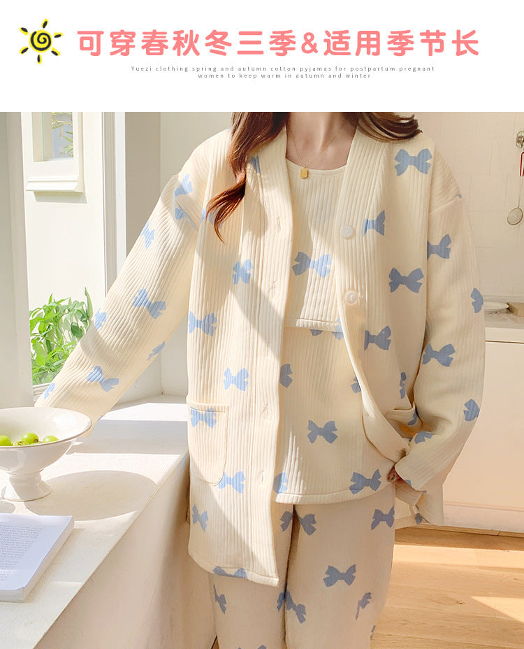 2025 Autumn Nursing Pajamas Korean Cotton Sexy 3pcs/set Maternity Sleepwear Postpartum Breastfeeding Pregnancy Nightwear