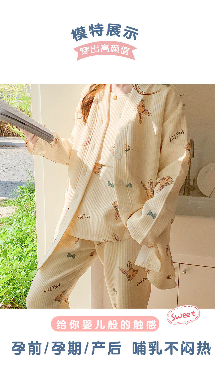 2025 Autumn Nursing Pajamas Korean Cotton Sexy 3pcs/set Maternity Sleepwear Postpartum Breastfeeding Pregnancy Nightwear