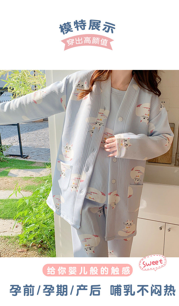 2025 Autumn Nursing Pajamas Korean Cotton Sexy 3pcs/set Maternity Sleepwear Postpartum Breastfeeding Pregnancy Nightwear