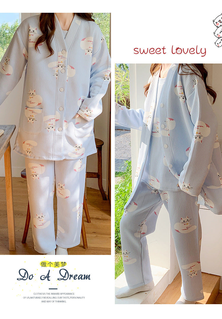 2025 Autumn Nursing Pajamas Korean Cotton Sexy 3pcs/set Maternity Sleepwear Postpartum Breastfeeding Pregnancy Nightwear