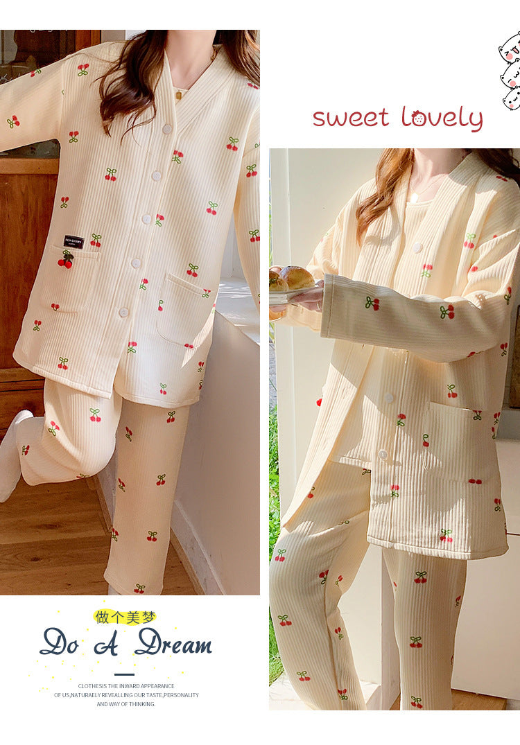 2025 Autumn Nursing Pajamas Korean Cotton Sexy 3pcs/set Maternity Sleepwear Postpartum Breastfeeding Pregnancy Nightwear