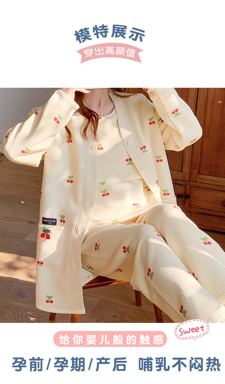 2025 Autumn Nursing Pajamas Korean Cotton Sexy 3pcs/set Maternity Sleepwear Postpartum Breastfeeding Pregnancy Nightwear