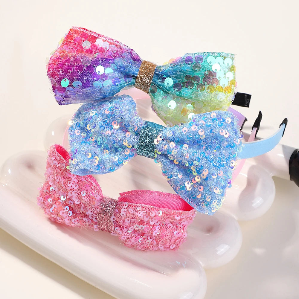 3Pcs Cute Sequin Hair Bows Headbands 3.6'' Glitter Bows Hairbands for Women Girls Children Hairhoops Hair Accessories Gifts