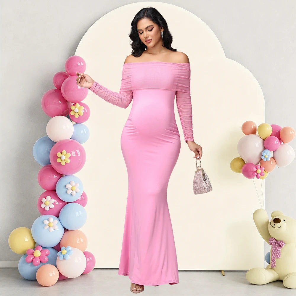 Maternity Mesh Off Shoulder Long Sleeve Baby Shower Dress Bodycon Mermaid Hem Party Evening Gown for Photoshoot