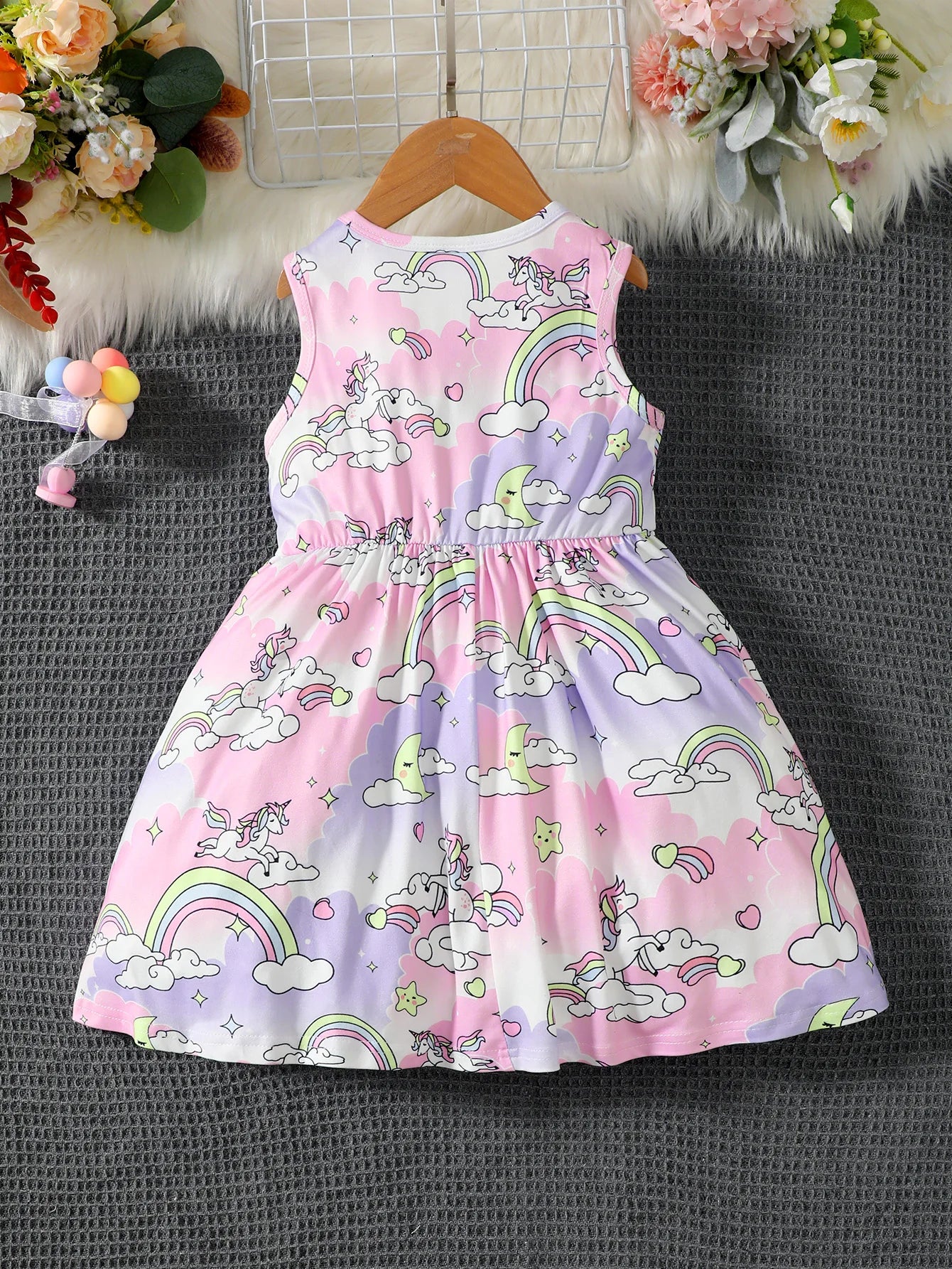 4-7 Year old Girls' Sleeveless Dress, Round neck Unicorn Print, Colorful Dreamy Dress, Girls' Summer Outfit children's clothing