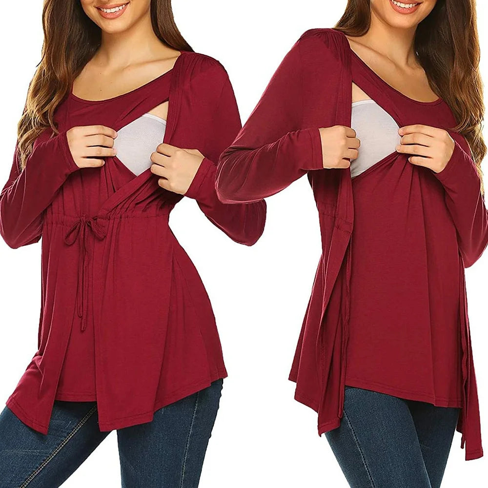Women Maternity Clothes Long Sleeve Double Layer Nursing Tops T-shirt Breastfeeding Pregnancy Clothes Gestante Roupas