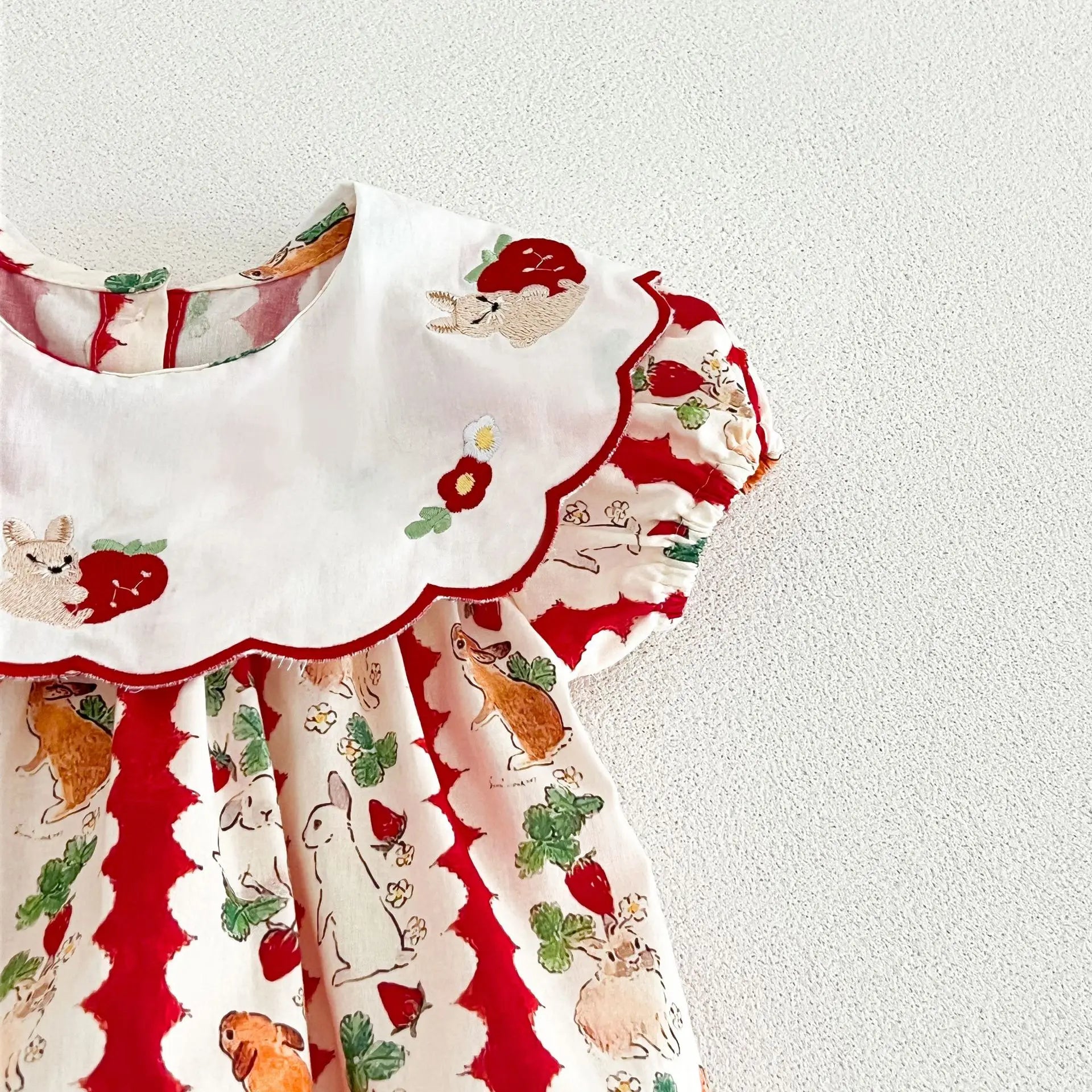 insBaby Girl Rabbit Cartoon Print Embroidered Collar Romper Infant Toddler Sweet Summer Short Sleeve Jumpsuit
