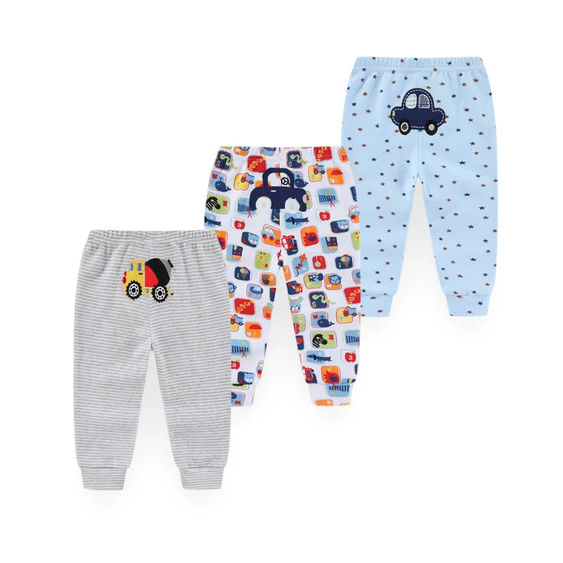 Kiddiezoom 3Pcs Lot Unisex Four Seasons Cartoon 100 Percent Cotton Baby Pants Soft Infant Trousers