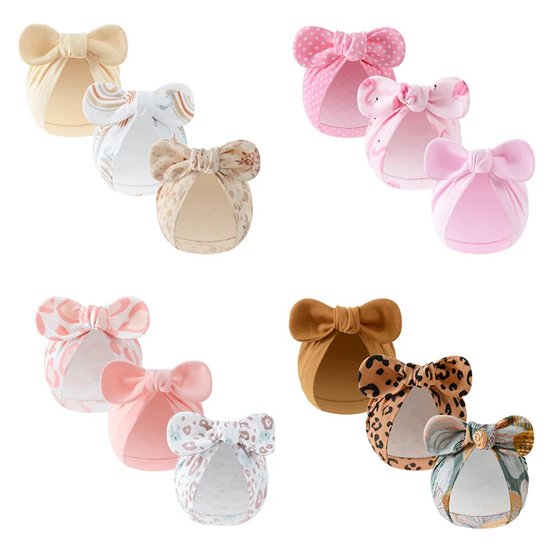 3Pcs Print Bow Baby Turban Cap 0-10Month Newborn Elastic Headscarf Beanie Soft Cotton Infant Indian Hat Kids Hair Accessories