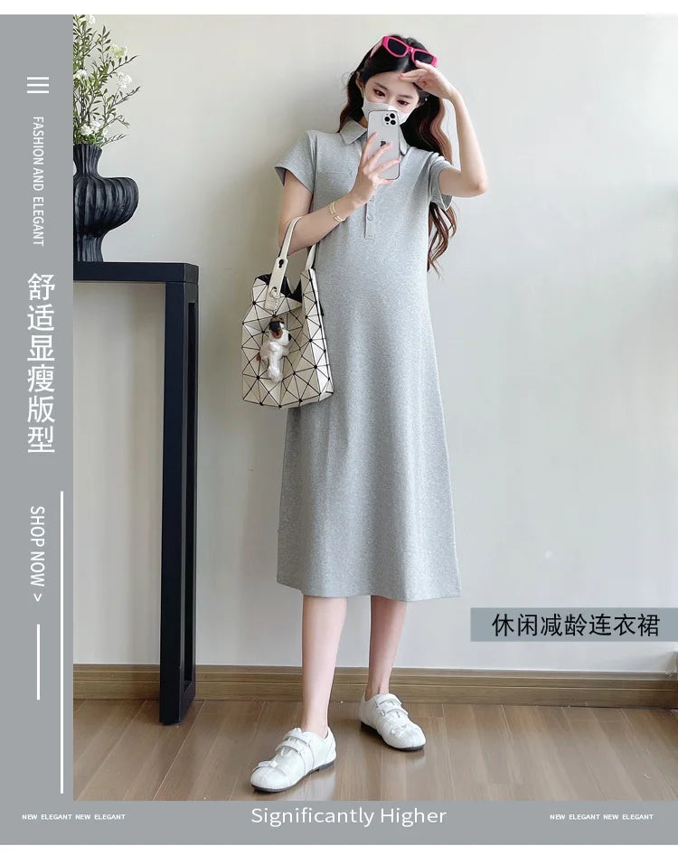 Korean Style Pregnant Woman Knitted Dress for Summer Short Sleeve Turn-down Collar Maternity Casual Dress