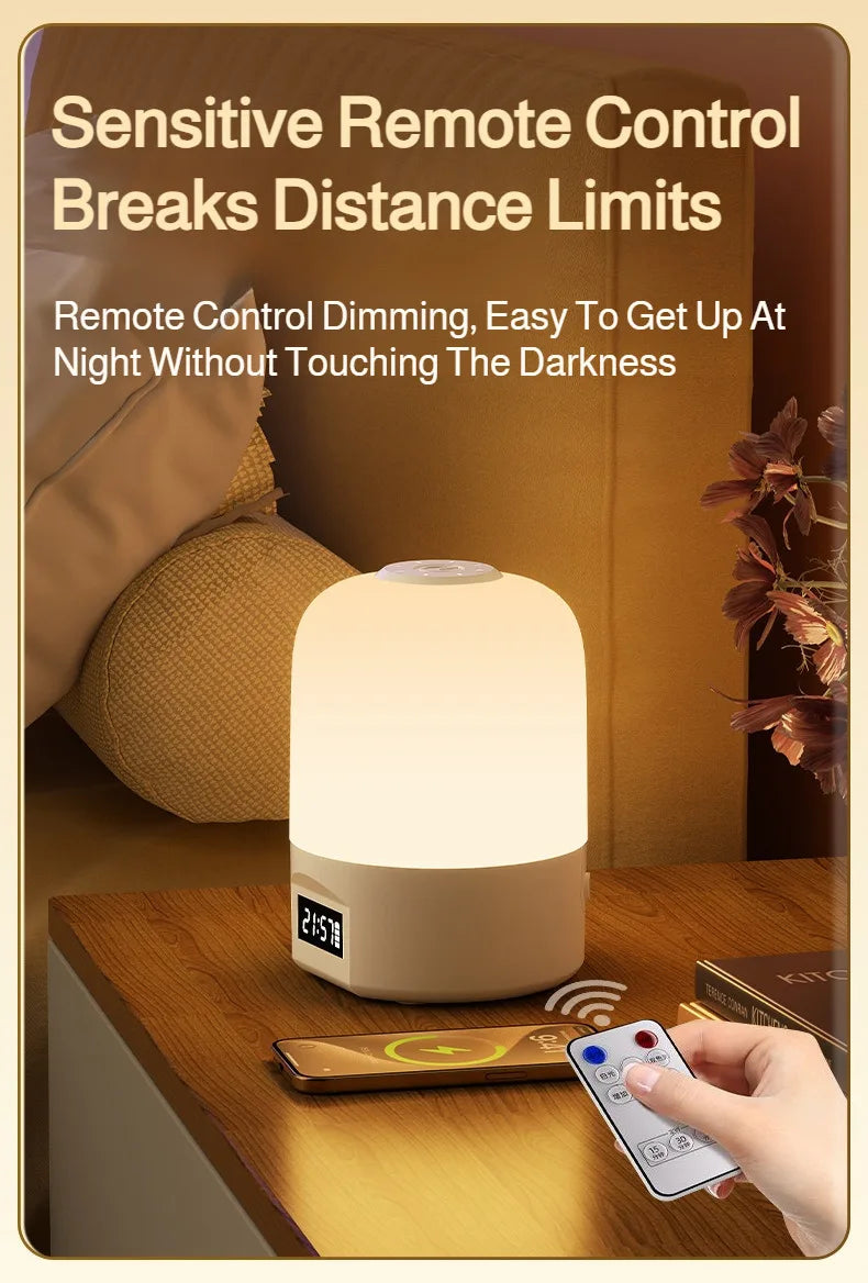 LED Bedside Lamp with Clock Display Touch Control Dimmable Night Light USB Rechargeable for Bedroom Baby Feeding