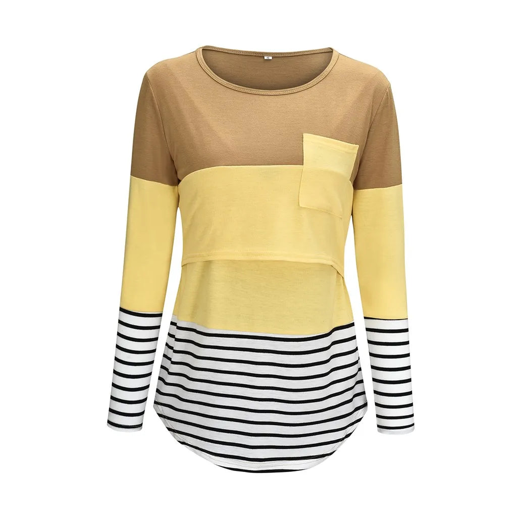 Fashion Pregnant Women Stiching Color Breastfeeding Nursing T Shirts Casual Loose Long Sleeve Tee Tops For Maternity