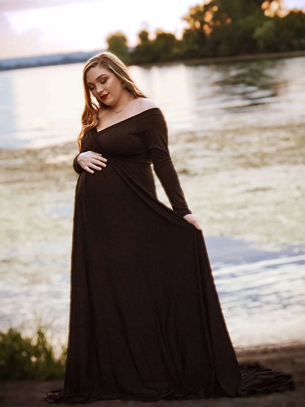 Maternity V-neck Gown Long Sleeve Trailing Maxi Dress Elegant Photo Shoot For Pregnant Women Photography