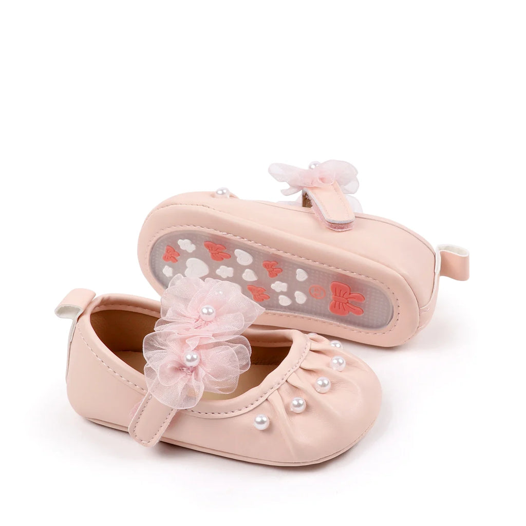 Charming Baby Girls' Pearl Decor Mesh Flower Soft Sole Flats