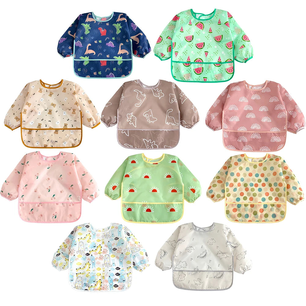 2pcs Waterproof Full Sleeve Baby Bibs Children Apron Long Sleeve Feeding Smock Kids Eating Breastplate Infant Scarf Clothing