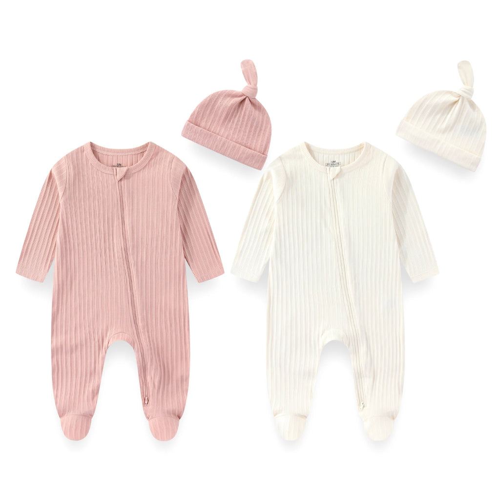 Solid Color 4-Pack Baby Unisex Clothing Set Newborn Boys Girls Long Sleeve Footed Romper+Hats Suit Four Seasons Infant Clothe