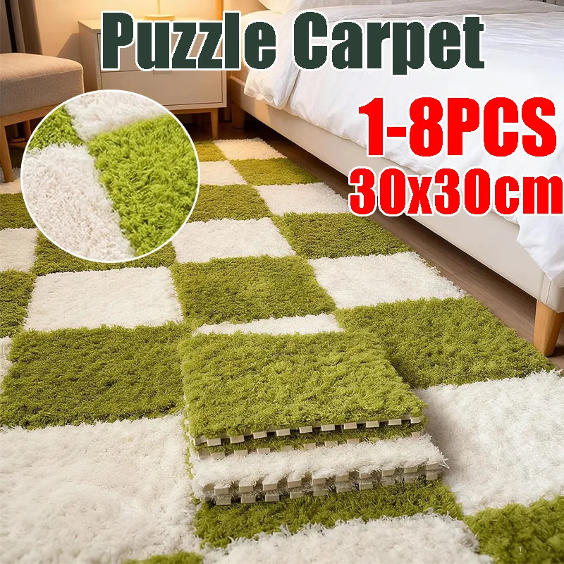 Thick Cake Velvet Plush Puzzle Mats DIY Bedroom Floor Tiles Sound-Absorbing Soft Carpet for Bedside Full Room Coverage