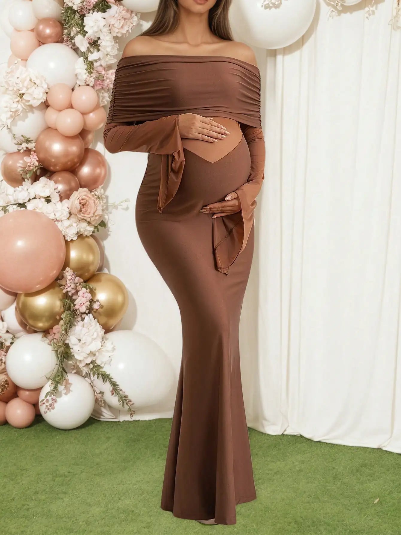 Maternity Women's Off Shoulder Formal Maxi Dress with Sheer Mesh Panel, Long Flare Sleeve Mermaid Gown for Baby Shower