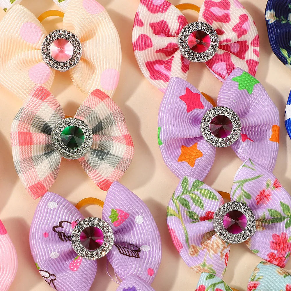 Random Color 20Pcs Mini Bowknot Hair Band for Girls Hair Accessories Dopamine Color Elastic Rubber Band Exquisite Gem Head Tie