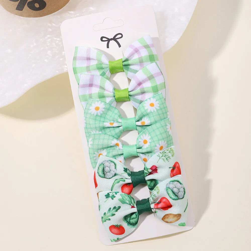 6Pcs Grosgrain Ribbon Printed Hair Bows with Clip for Girls Hair Clips Kids Hairpins Barrettes Fresh Printing Hair Accessories
