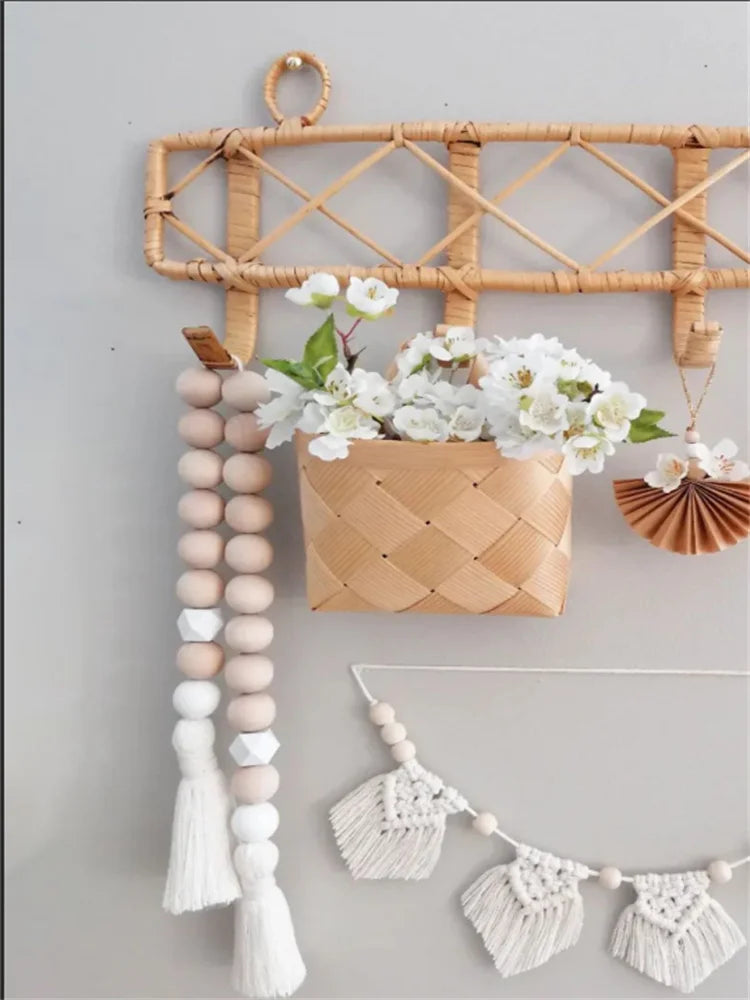 Nordic Wooden Bead Garland - White 75cm Tassel Wall Decor