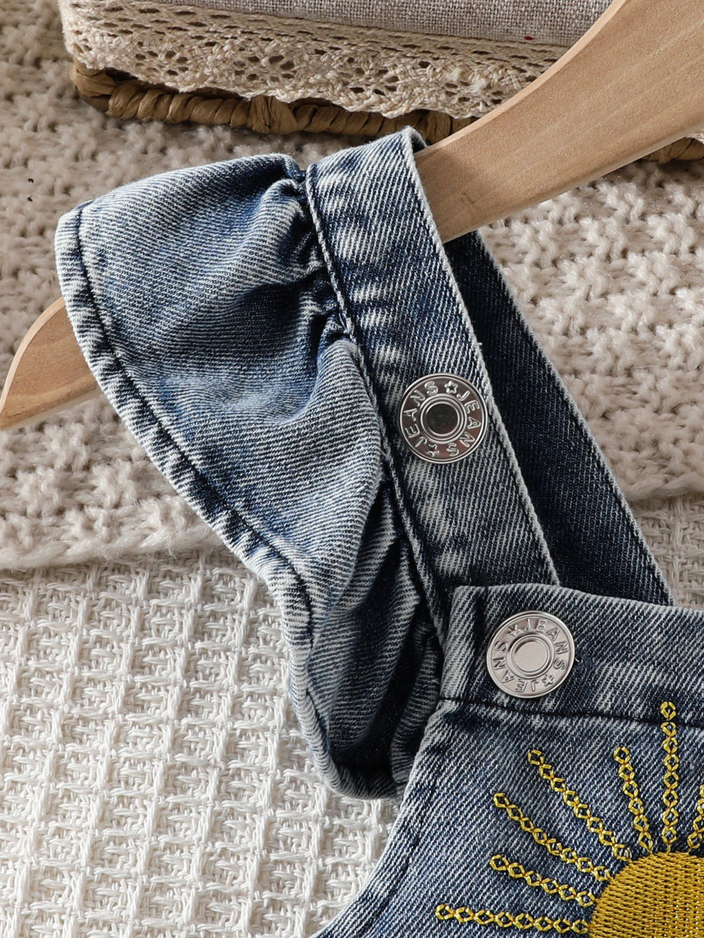 Baby Summer Casual Denim Overalls + Denim Hairband with Adjustable Straps And Lace Trim Shoulder Straps for Comfortable Fit