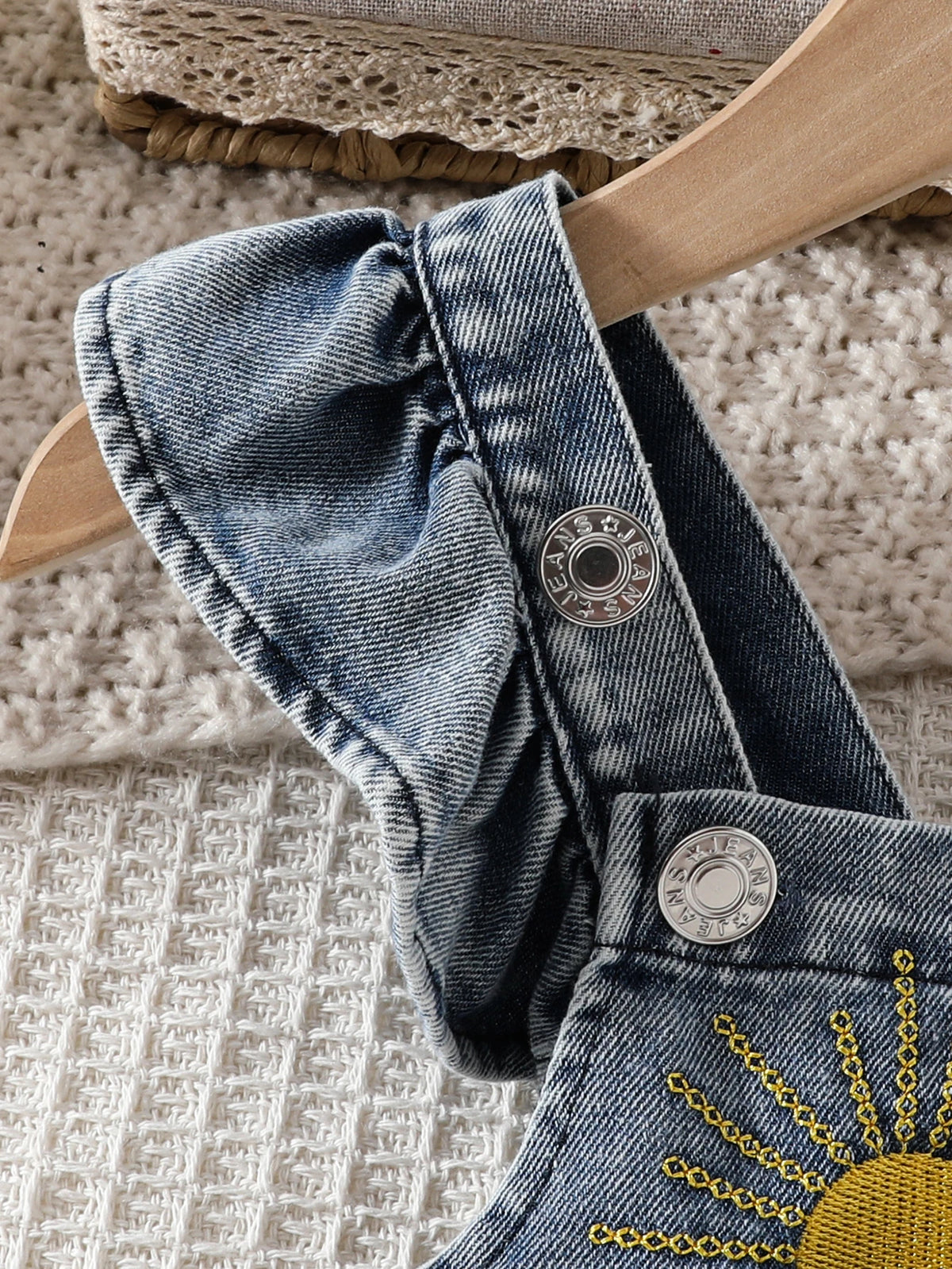 Baby Summer Casual Denim Overalls + Denim Hairband with Adjustable Straps And Lace Trim Shoulder Straps for Comfortable Fit