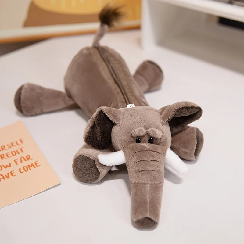 Kapibala Plush Pen Case Xl for Kids Cartoon Elephant and Lion Storage Bag for Pens with Large Capacity