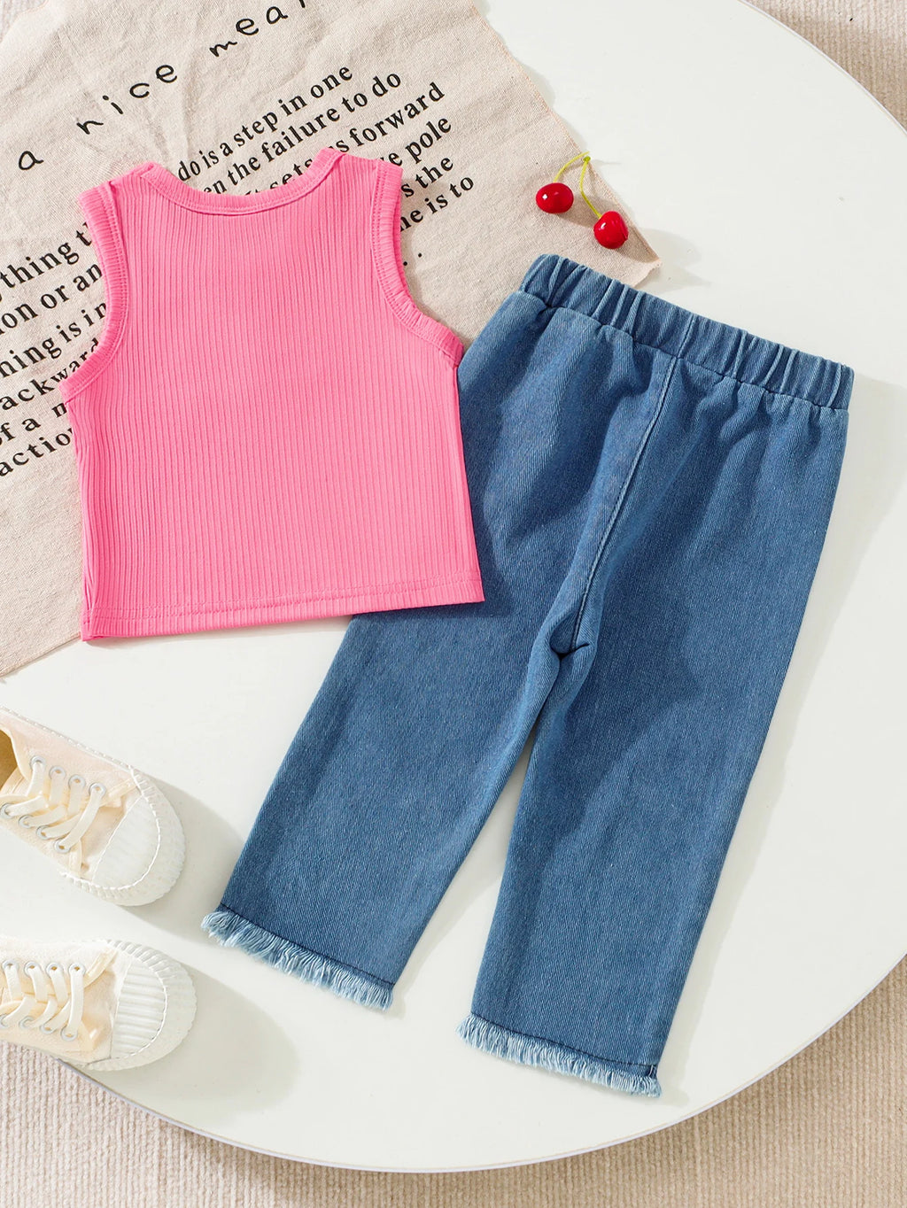 2pcs Summer Baby Girls Ribbed Tank Top Set, 9-12M, Pink Sleeveless Top Bow Embroidered Frayed Hem Jeans, Casual Daily/Party We