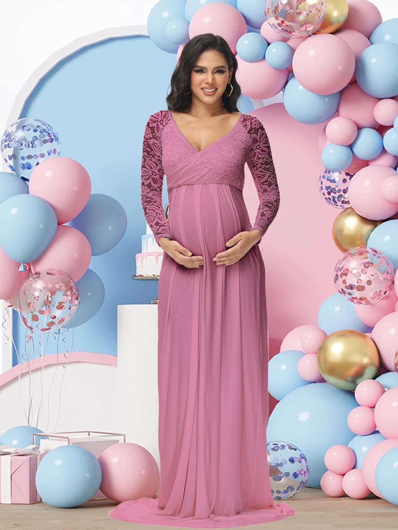 Maternity Lace Photography Gown V Neck Long Sleeve Maxi Elegant Pregnancy Dress For Baby Shower Photography